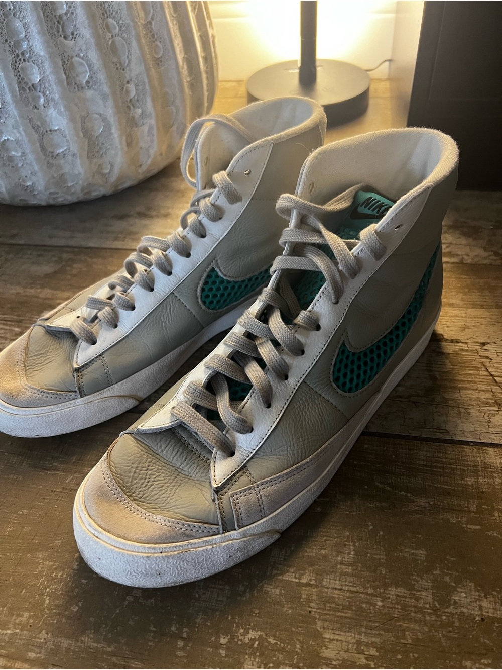 Custom Nike Beige High-Top Sneakers with Green Mesh Swoosh